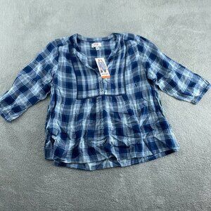 Wrangler Womens Blue Plaid Peasant Top XXL Viscose 3/4 Sleeve Relaxed NWT 3297